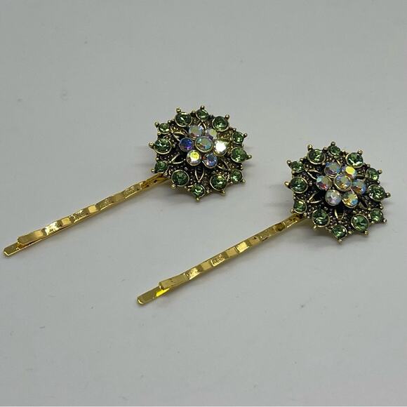 Handmade Green Iridescent Rhinestone Gold Set Hair Clips HoCo Fairy Jewelry NWT - Picture 6 of 6